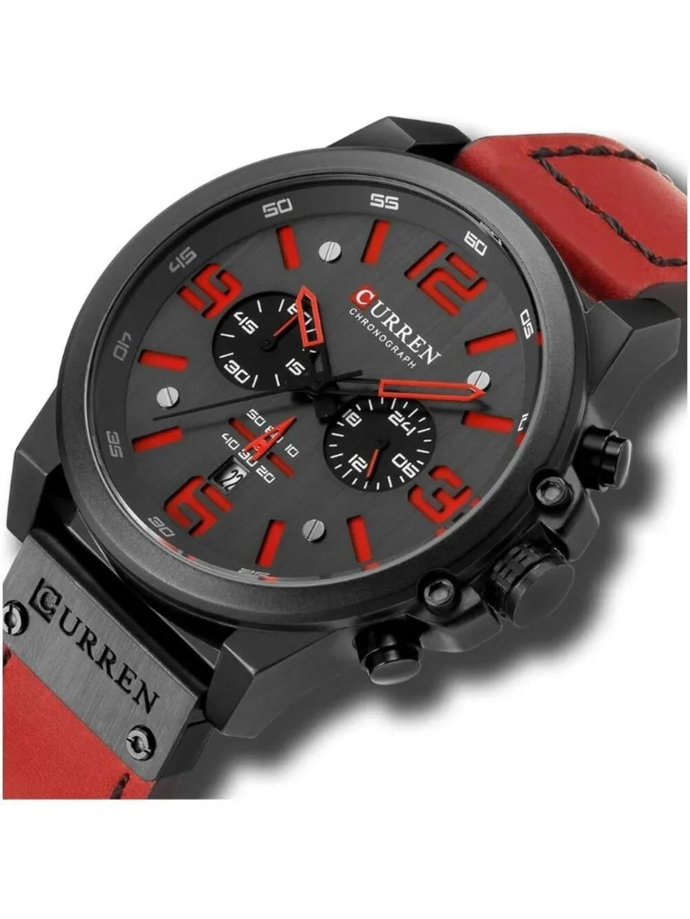 Men's Black And Red Analog Leather Strap Sandwich Dial Chronograph Wrist Watch